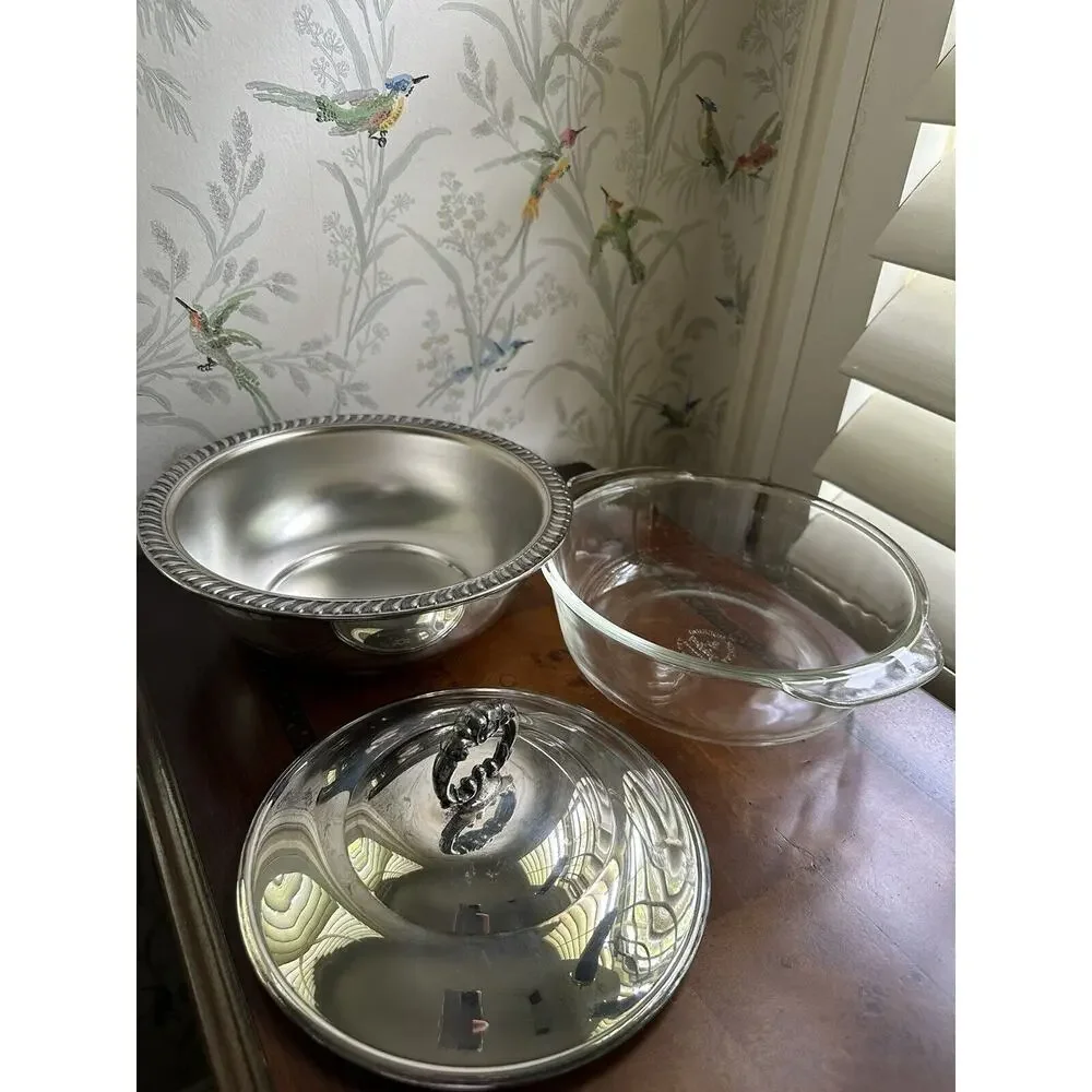 Vtg Eales Fire King 1779 Silverplated Server Clear Glass Nested Bowl Anchor Hock
